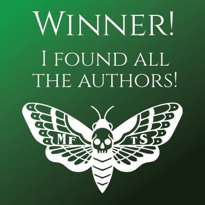 A square with a green gradient background and the text "Winner! I found all the authors!" along with the Market for the Strange moth logo.