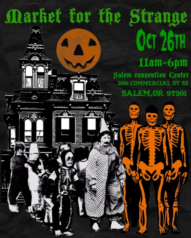 A poster for Market for the Strange. A jack-o-lantern moon rises above a haunted house. In the foreground, groups of trick-or-treaters in costumes like skeleton, clown, and cowboy wander by the house in search of candy.
